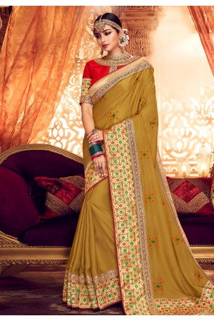 Mustard satin saree with blouse  1910
